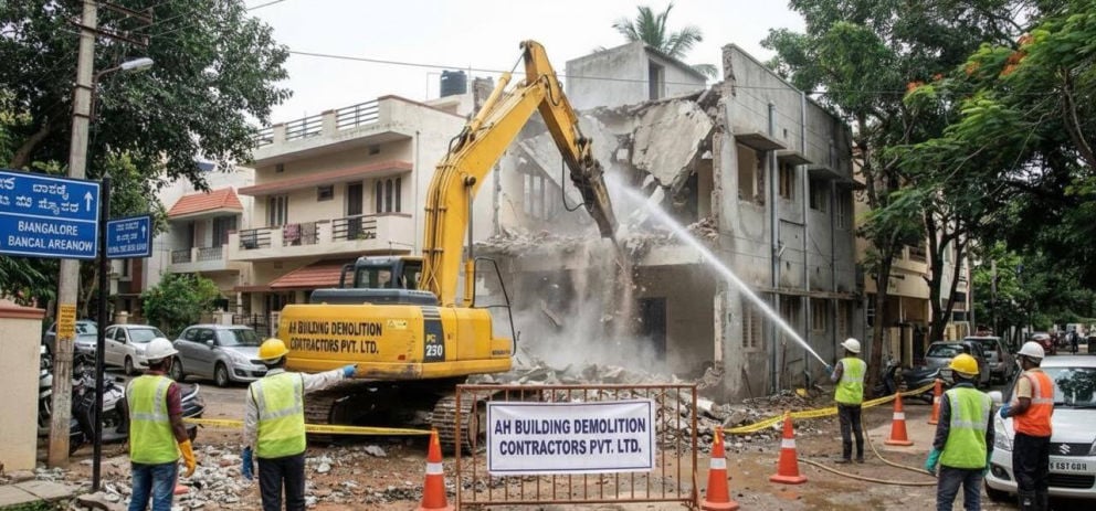Building demolition in progress by AH Demolition, Bangalore