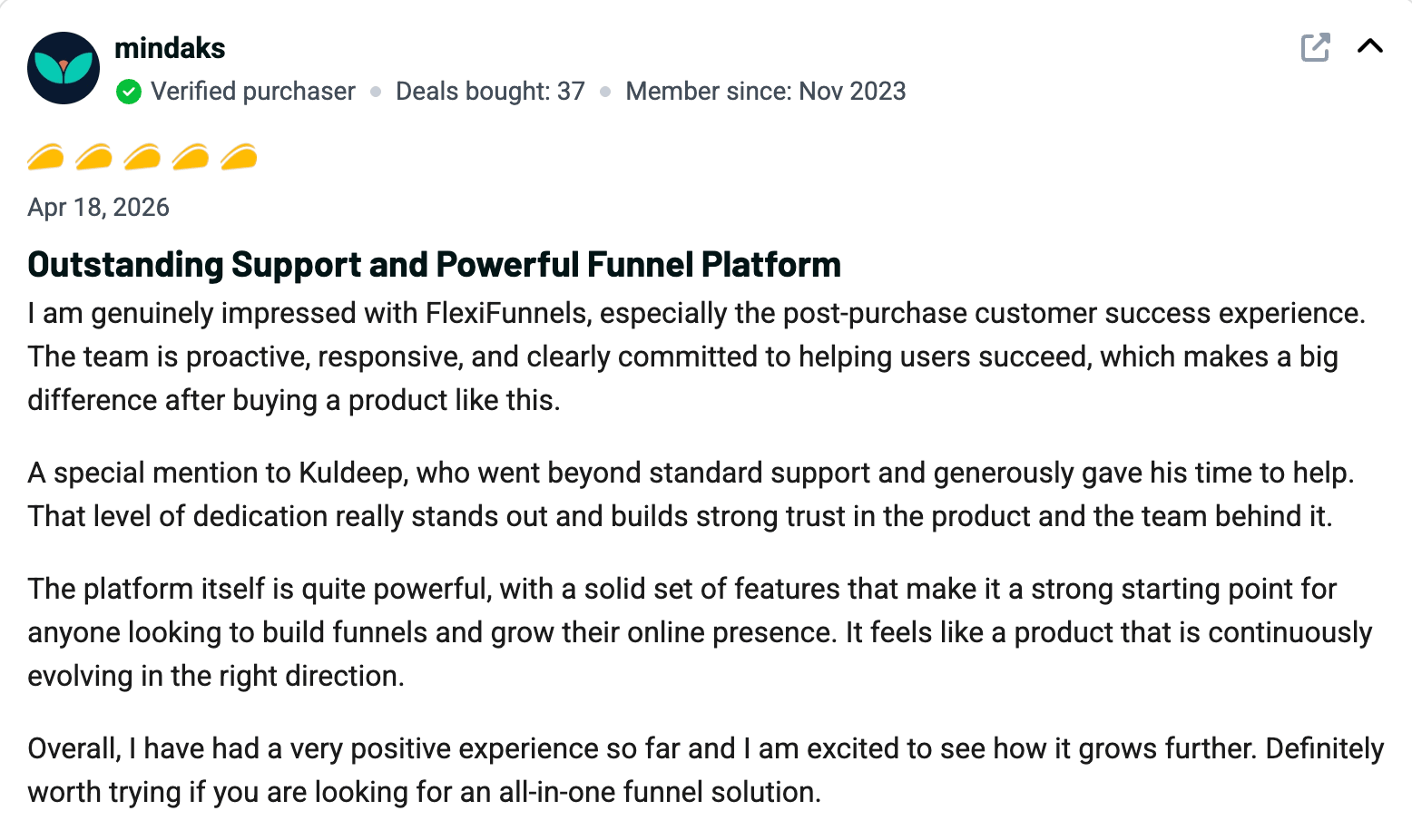 FlexiFunnels customer review screenshot