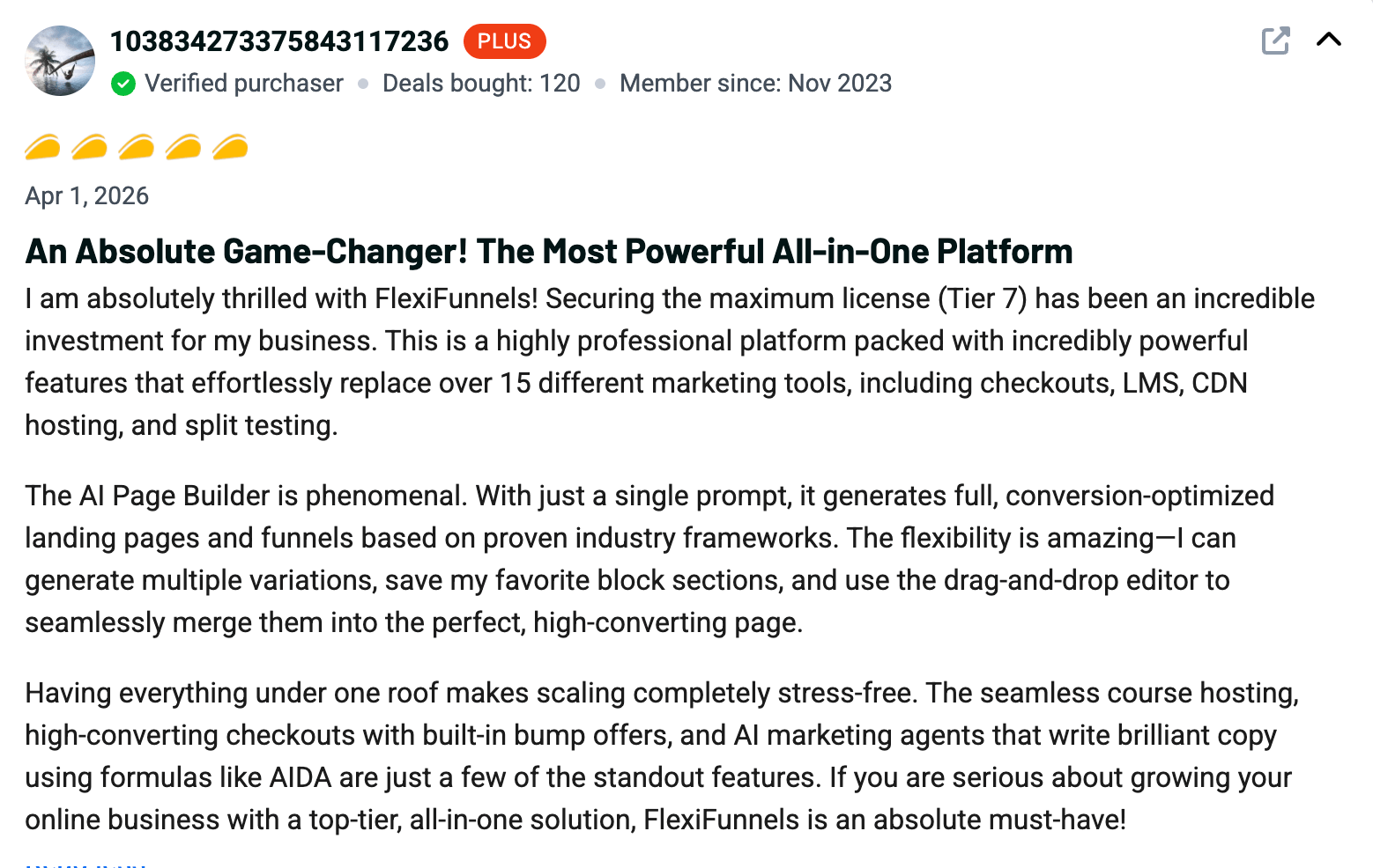 FlexiFunnels customer review screenshot