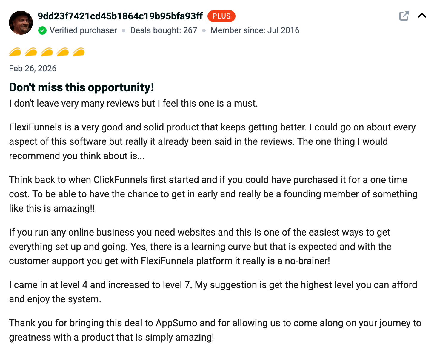 FlexiFunnels customer review screenshot