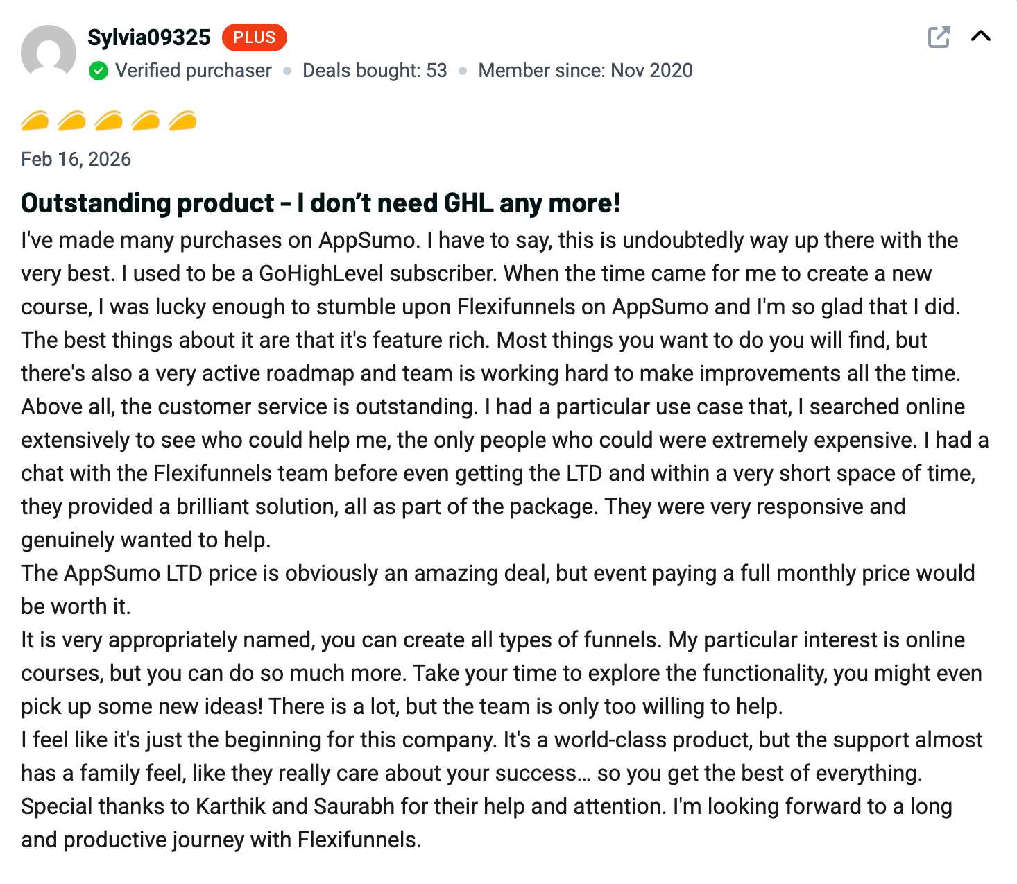 FlexiFunnels customer review screenshot