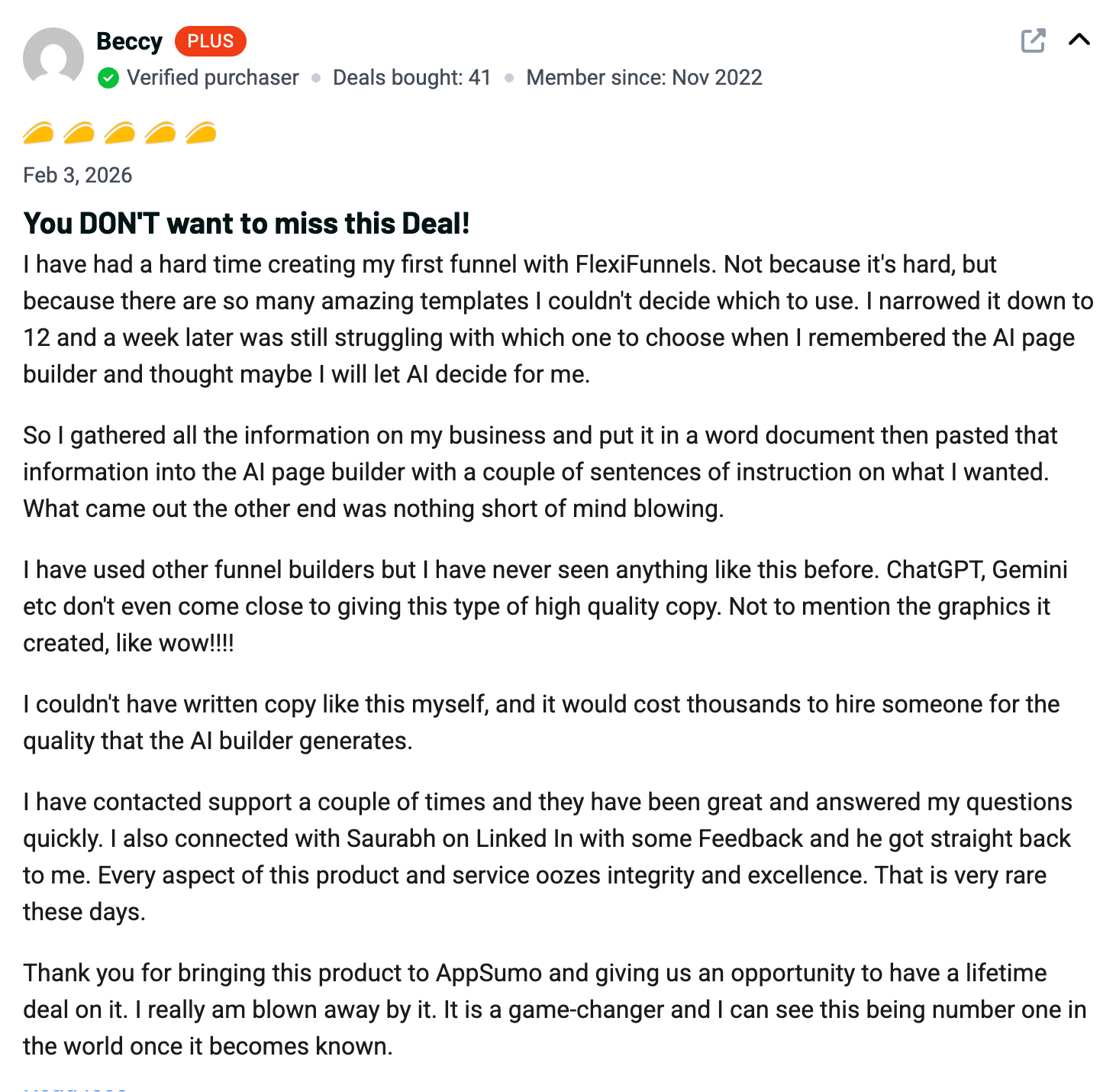FlexiFunnels customer review screenshot