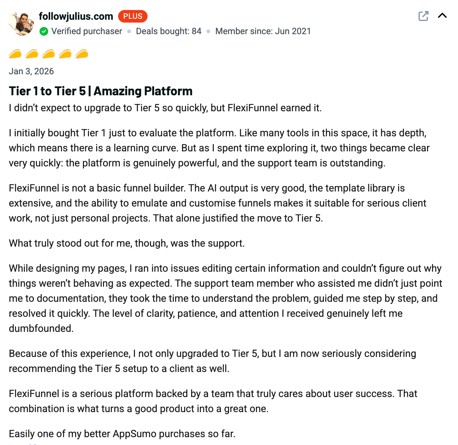 FlexiFunnels customer review screenshot