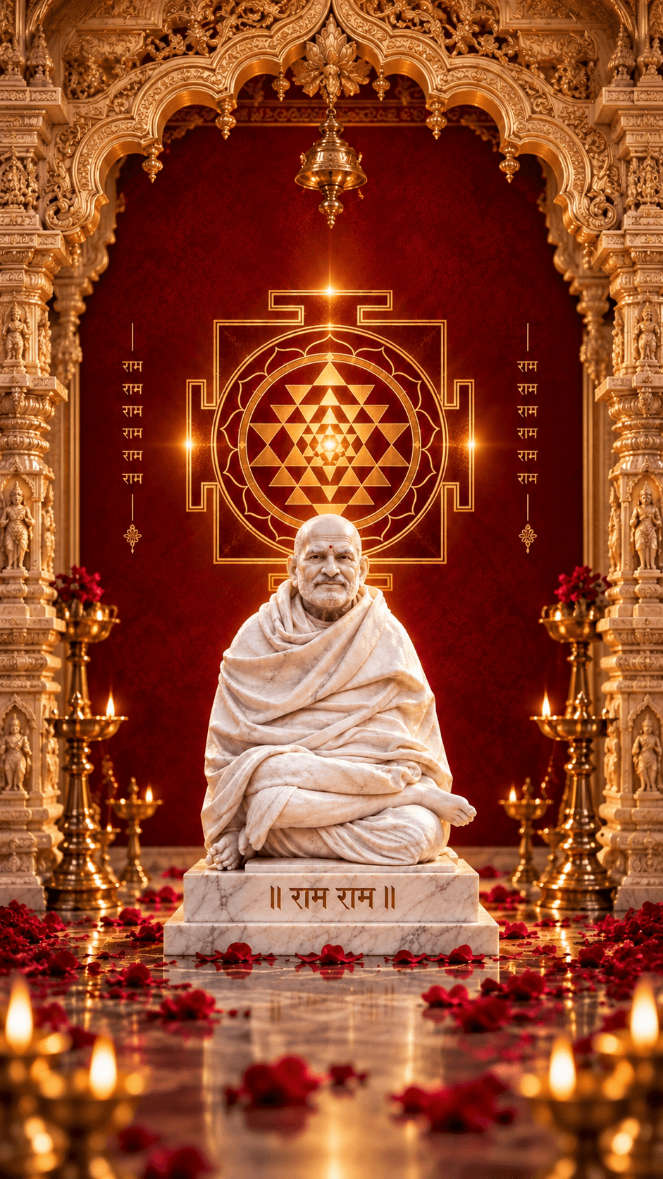 Neem Karoli Baba with Shri Yantra digital darshan artwork on a phone screen